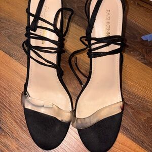 Fashion Nova Black and Clear Strappy Heels